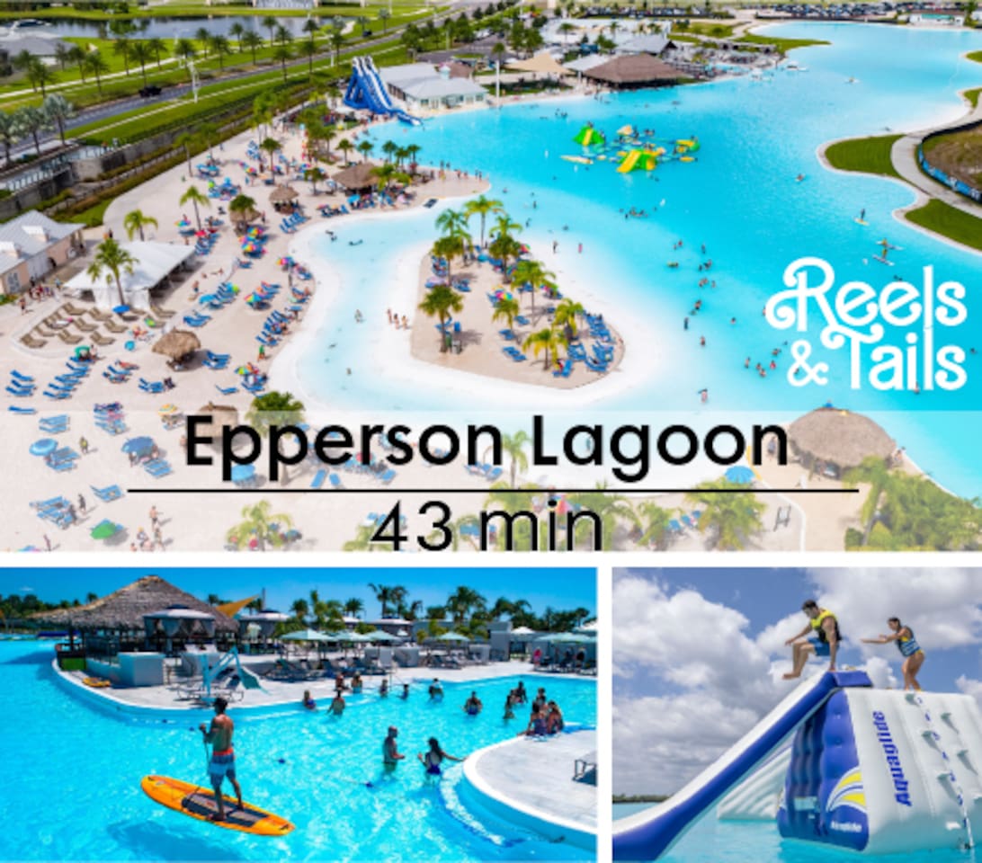 Epperson Lagoon with 7.5-acre man-made lake and beach featuring clean, clear, purified water, known as the first crystalline lagoon in the US. Featuring a swim-up bar, water slide, climbing wall, kayak, paddleboard rentals, stadium-sized LED screen.
