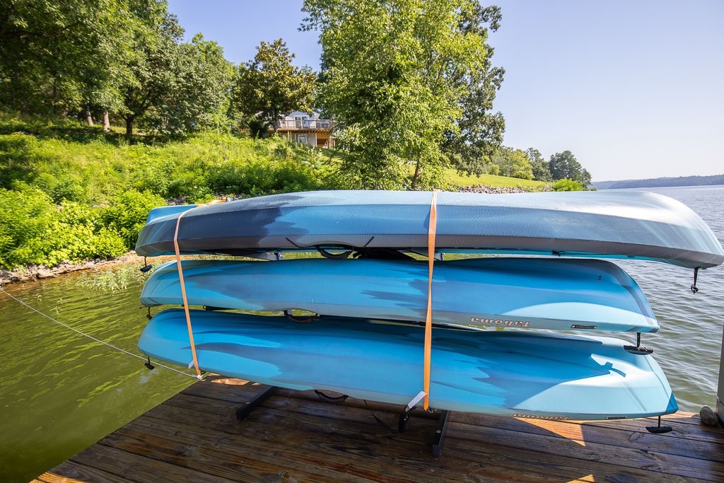 Kayaks ready and waiting — explore the lake at your own pace, right from the private dock