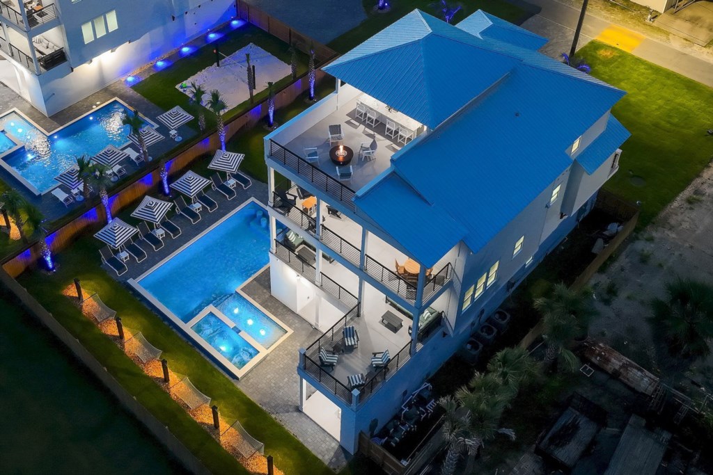 Aerial view of a thoughtfully designed luxury retreat for unforgettable gatherings.
