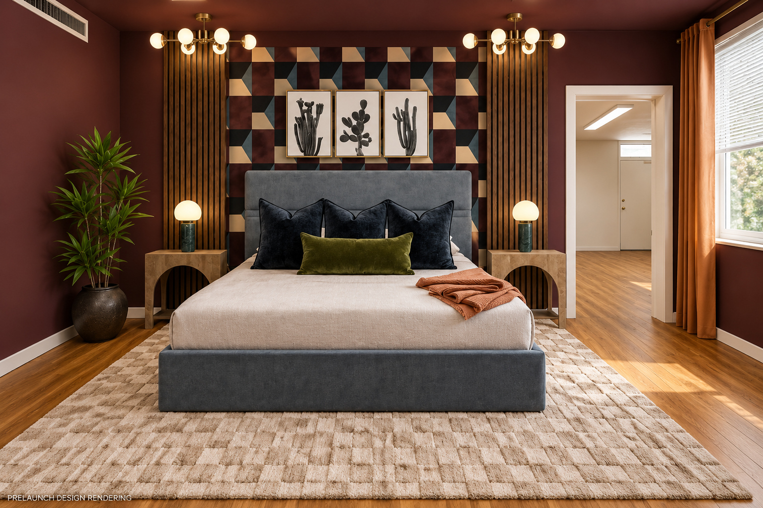 {Bedroom 7 — Primary Suite} Stretch out in a king bed and unwind in your private ensuite after a day of Scottsdale sunshine. Rich merlot walls, warm wood accents, and cactus artwork make Firebird’s primary suite an inviting retreat for slow mornings and re