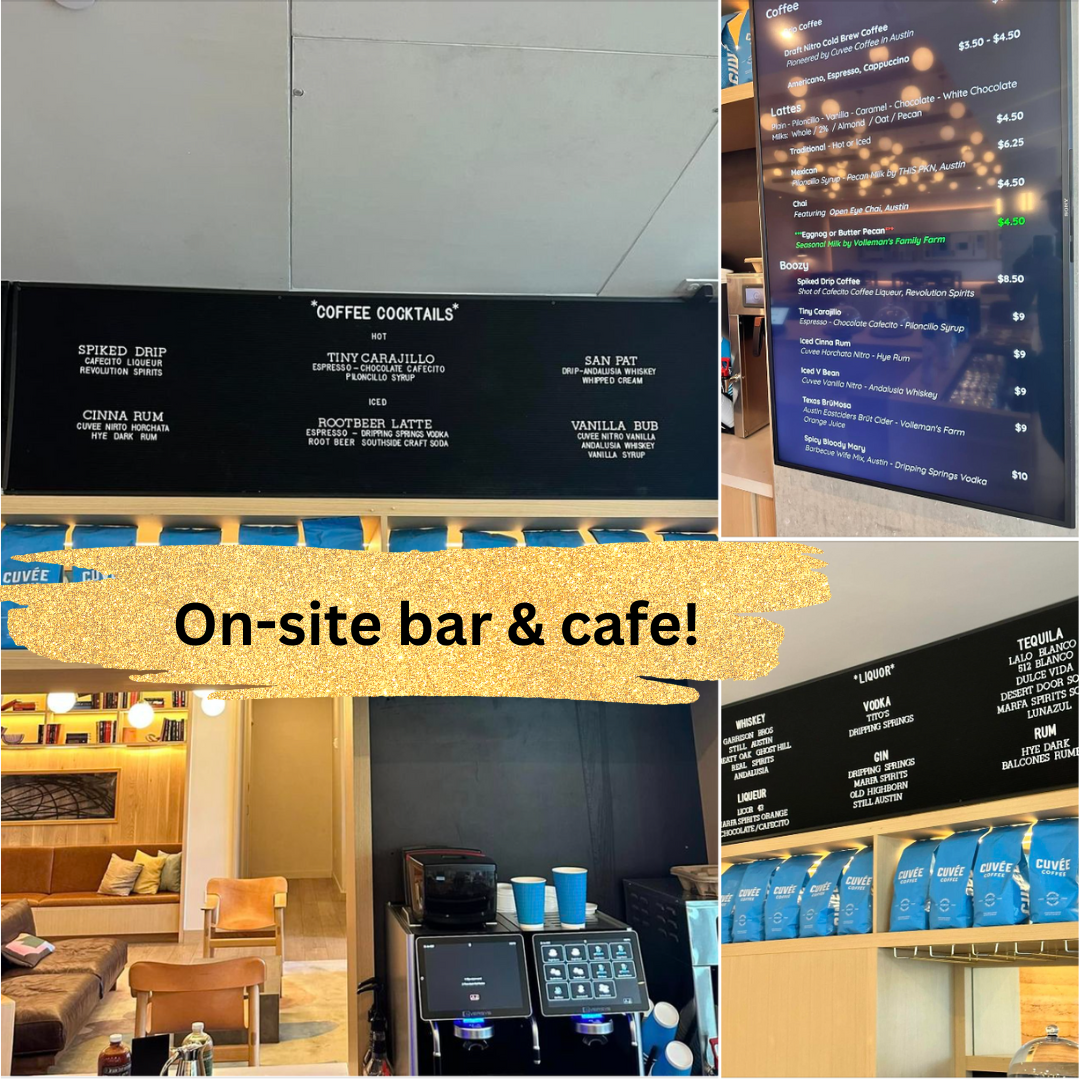 Check out our on-site bar featuring coffee, liquor and yummy bar food