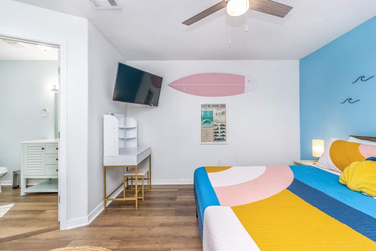Surf Themed King Master Suite with new memory foam mattress.