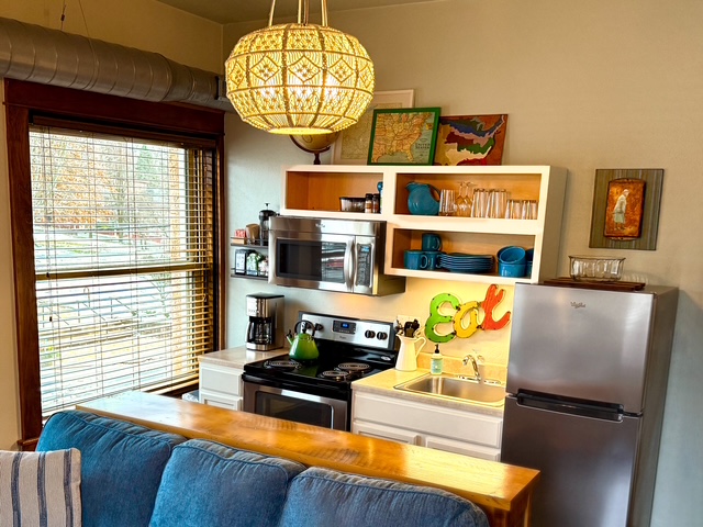 Nuttall's well stocked kitchen with Fiestaware.