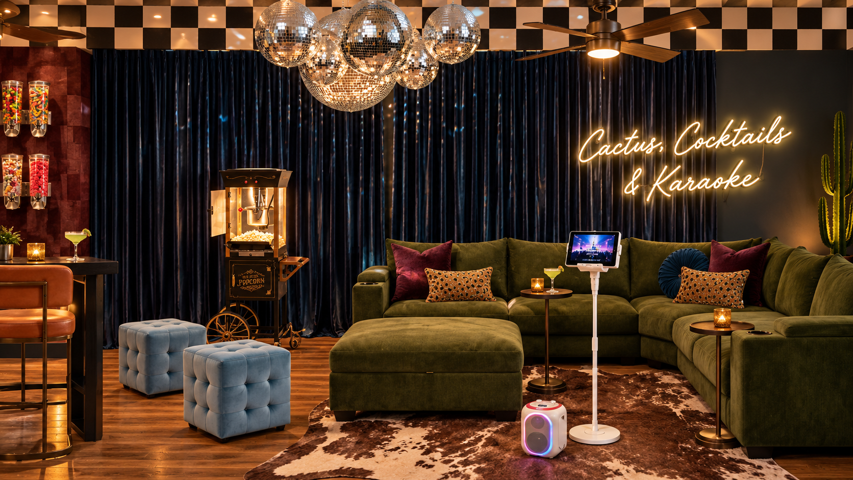 {Theater Lounge} Kick back in the speakeasy-style movie lounge with a 100” TV, plush seating, popcorn, cocktails, and karaoke for the ultimate night in.