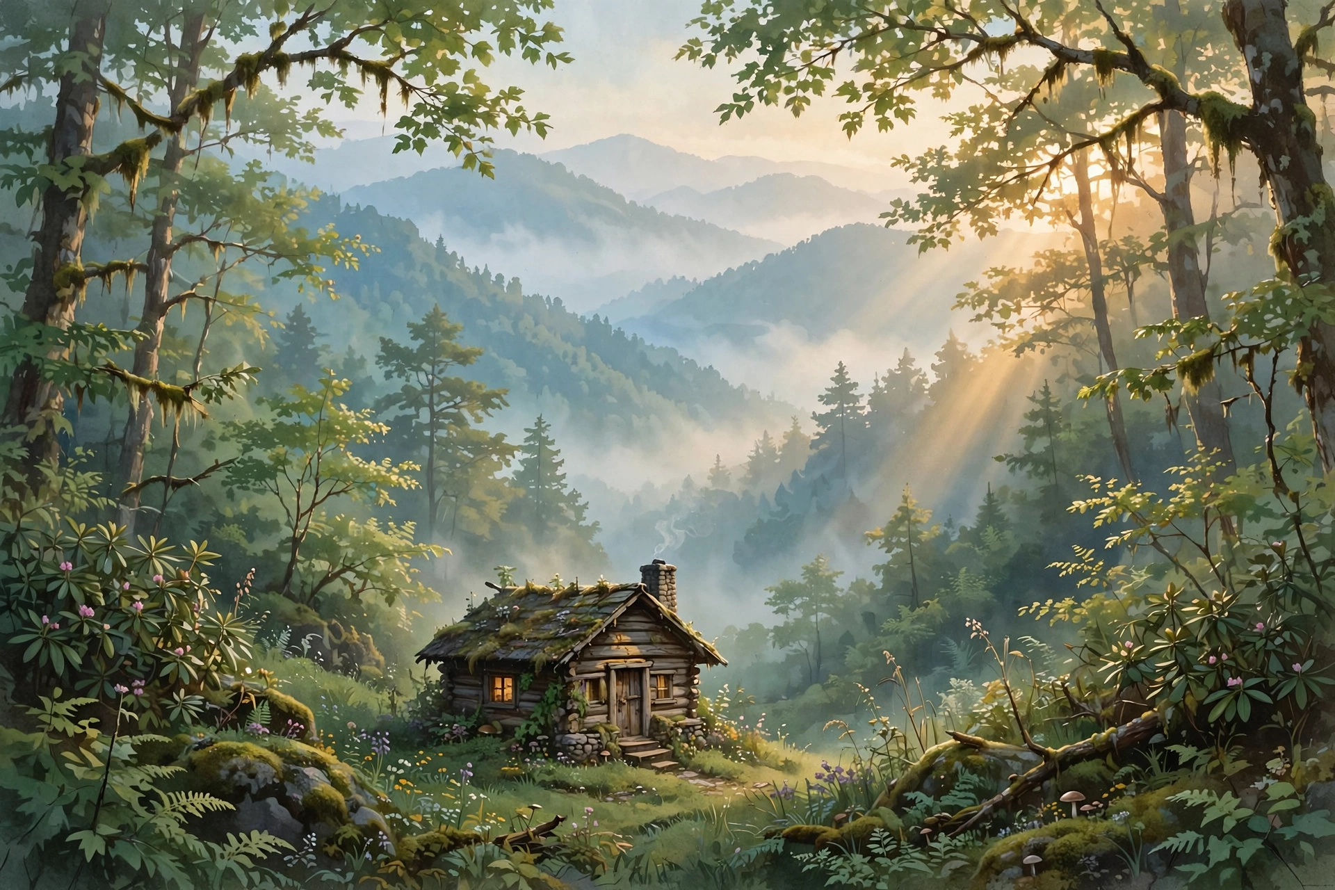 Illustration: a tiny weathered cabin at dawn in the Smoky Mountains, morning mist in the hollows, a young girl's silhouette with a guitar on the porch