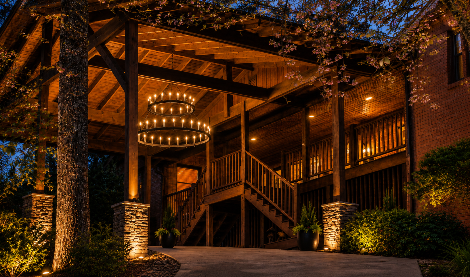 {Grand Entryway} From the moment you arrive, towering timbers, warm lighting, and handcrafted mountain architecture set the tone for an unforgettable stay in the heart of Pisgah Forest.