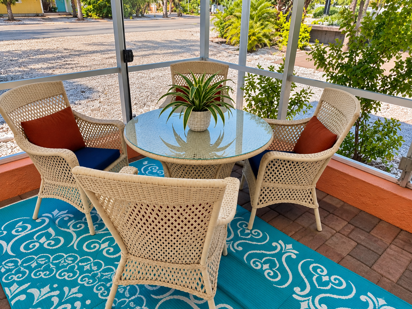 Outdoor dining in screened lanai. 