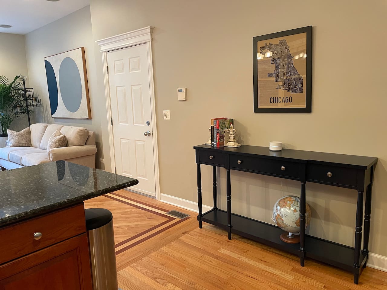 Integrated Kitchen and living room area creating a welcoming and comfortable Chicago stay.