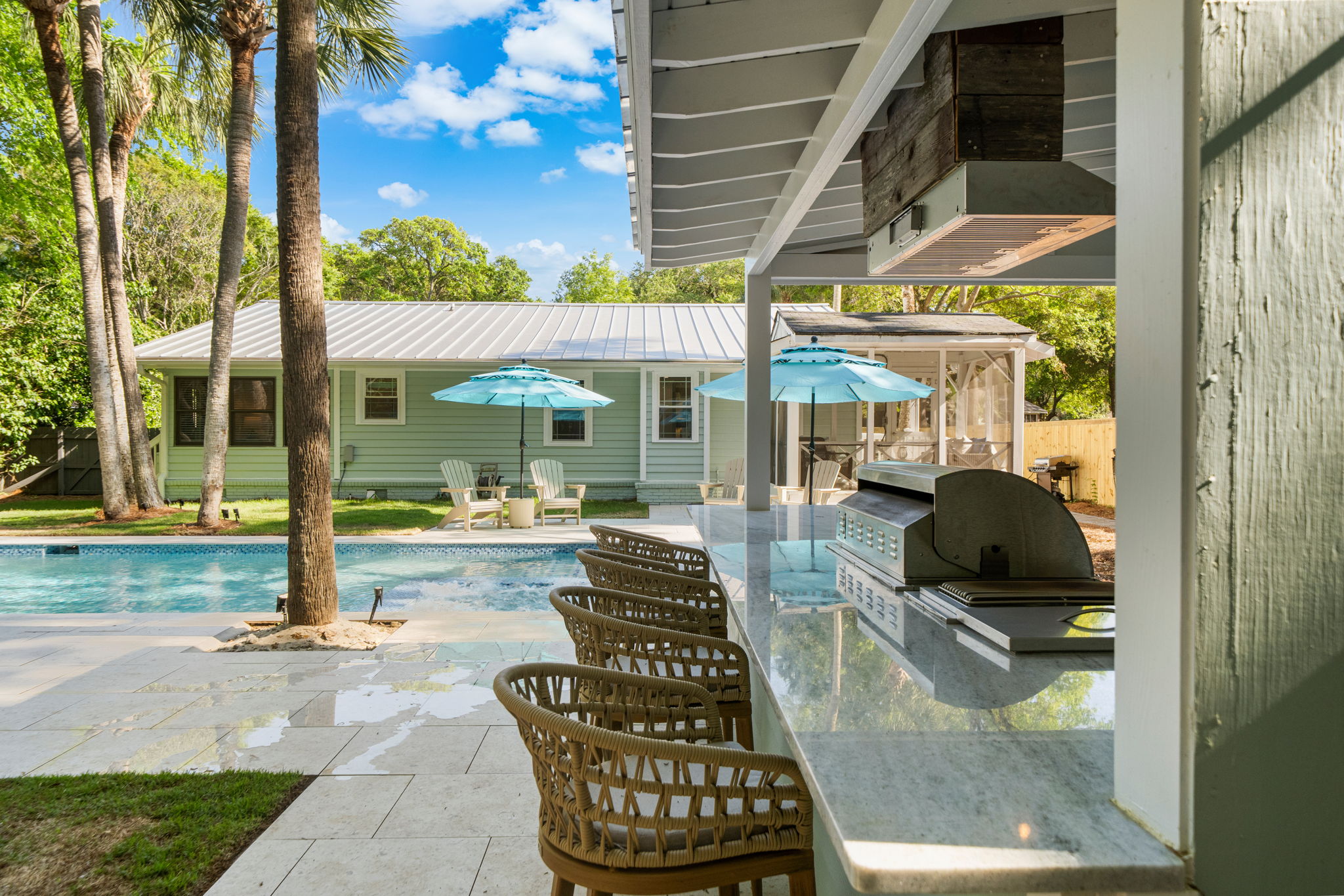 Outdoor Kitchen And Bar With Gourmet Grill, Beer and Wine Fridge, Ice Maker, and 65" Smart TV | IOP Escapes Beach Blessing | 3705 Hartnett Blvd, Isle of Palms, SC