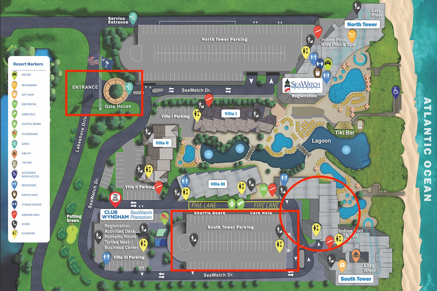 Entrance, Parking deck and building where the condo is located is highlighted in RED. 