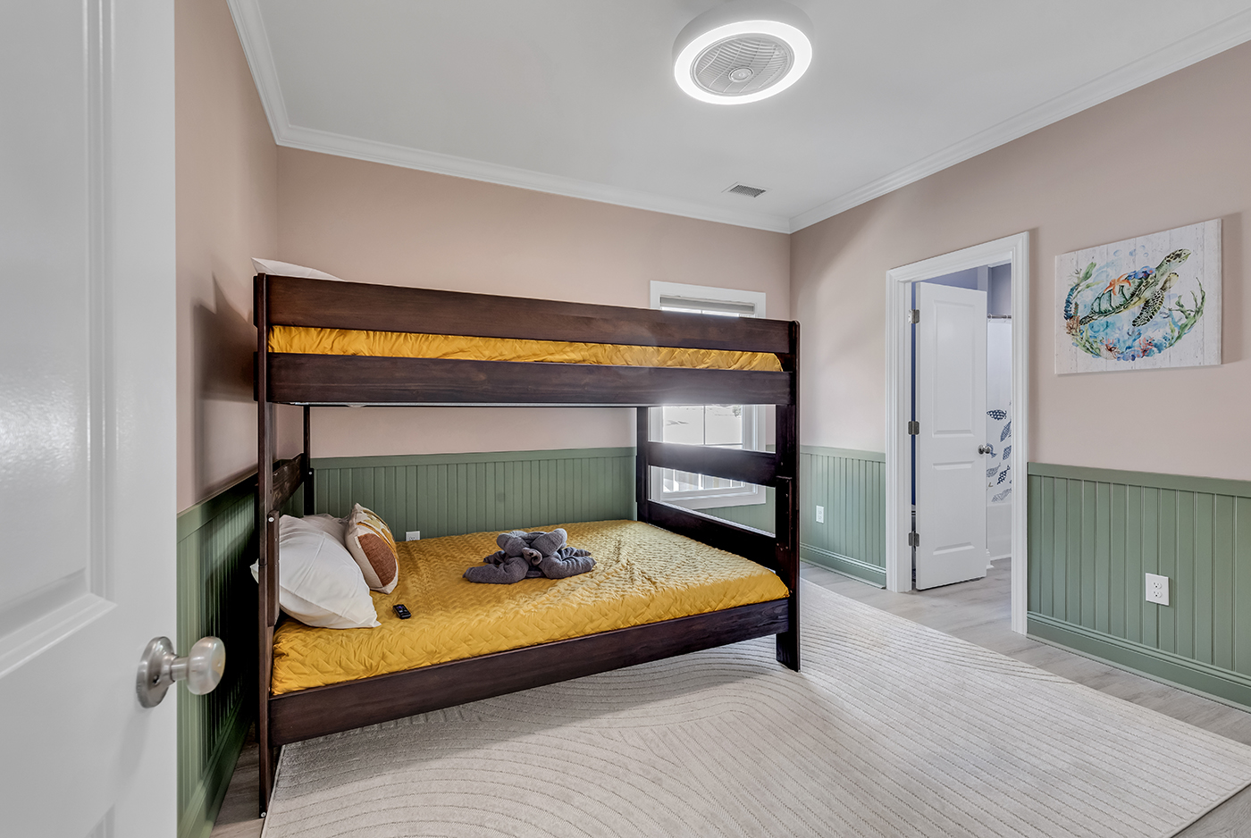 3rd Bedroom with Queen bunk bed, Jack and Jill bath, and 55" Roku TV