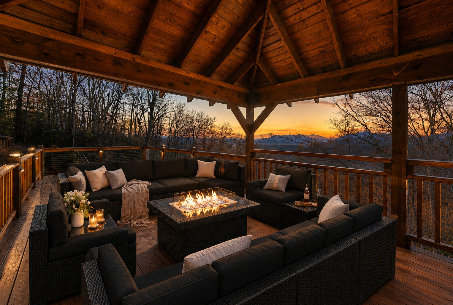 {Upper Deck} Gather around the fire table, take in sweeping mountain views, and end each day beneath a sky full of stars from your private upper deck.