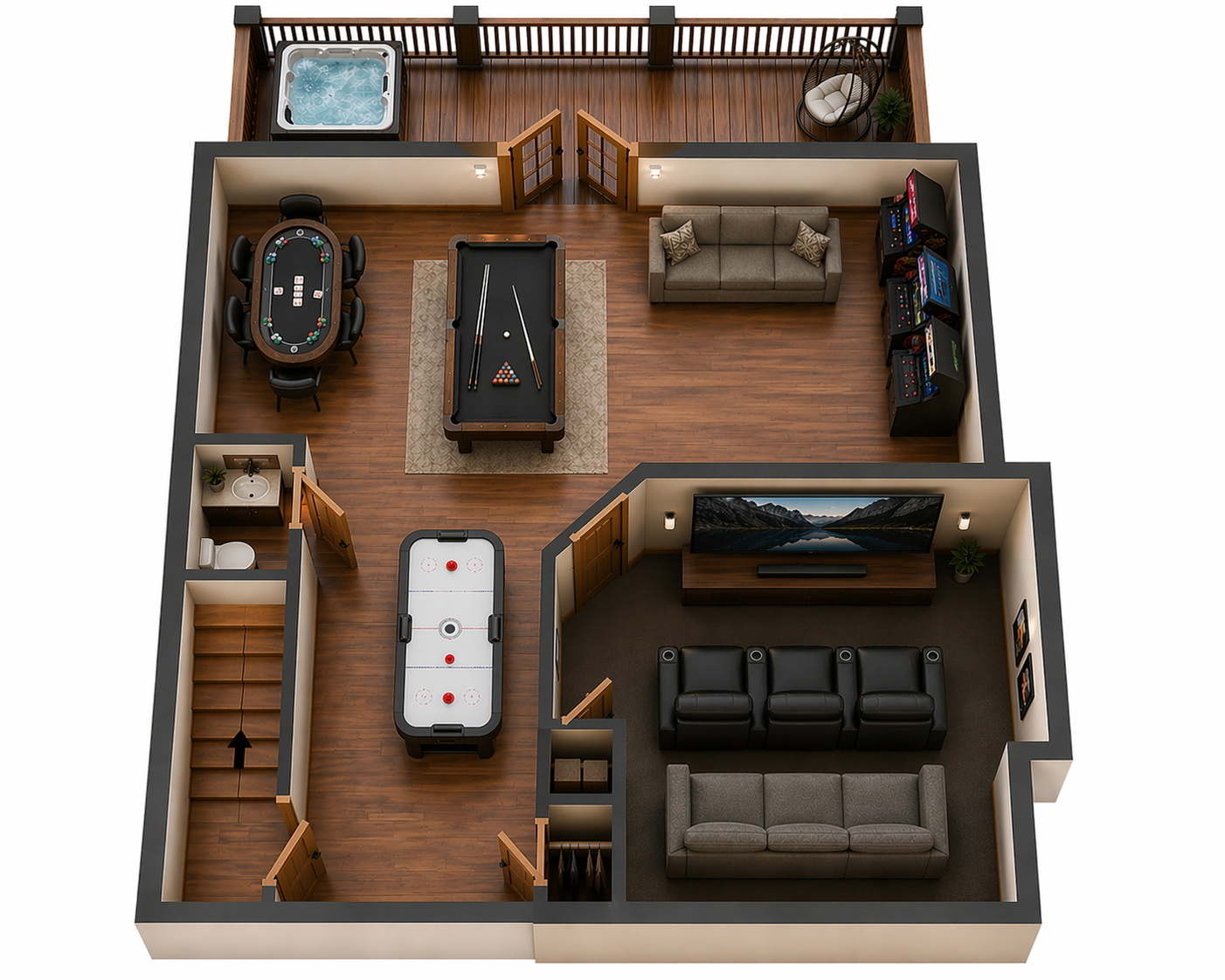 3D floorplan rendering of the basement. Furnishings and furniture placement are not an exact depiction.