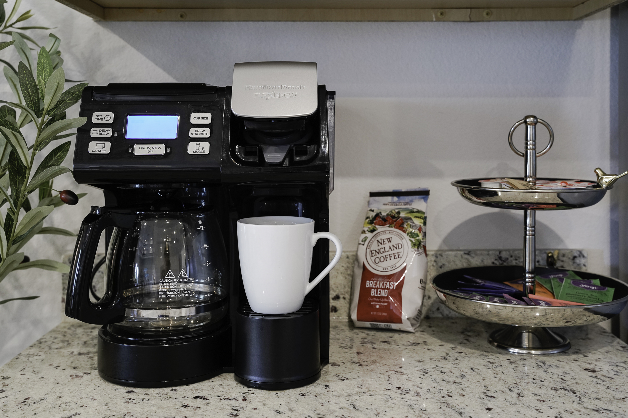 Enjoy fresh coffee and tea every morning with our provided coffee station