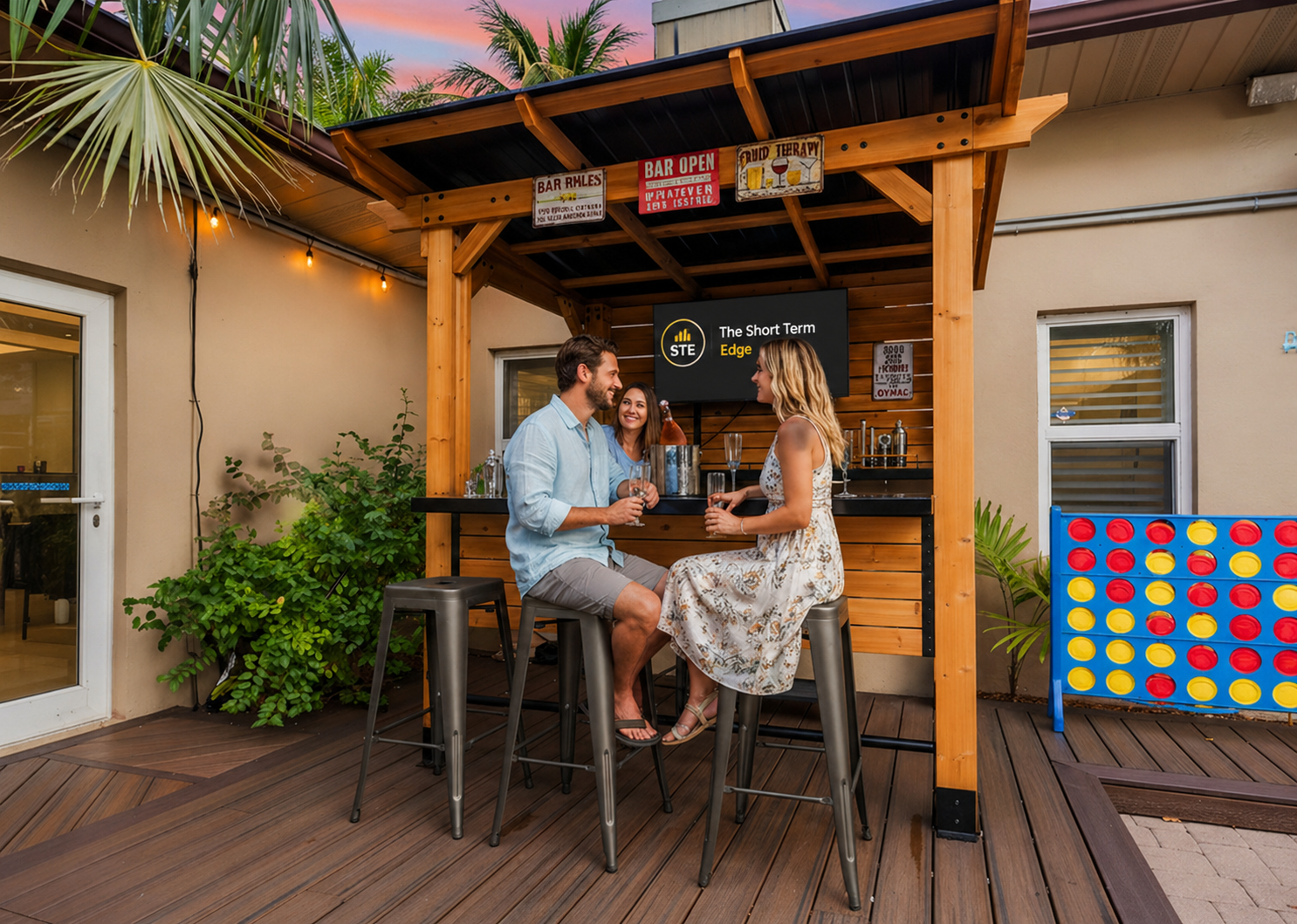 Step into your private entertainment oasis 🍹 — an inviting outdoor bar with a 50” TV, warm lighting, and fun games that set the scene for relaxing and connecting.