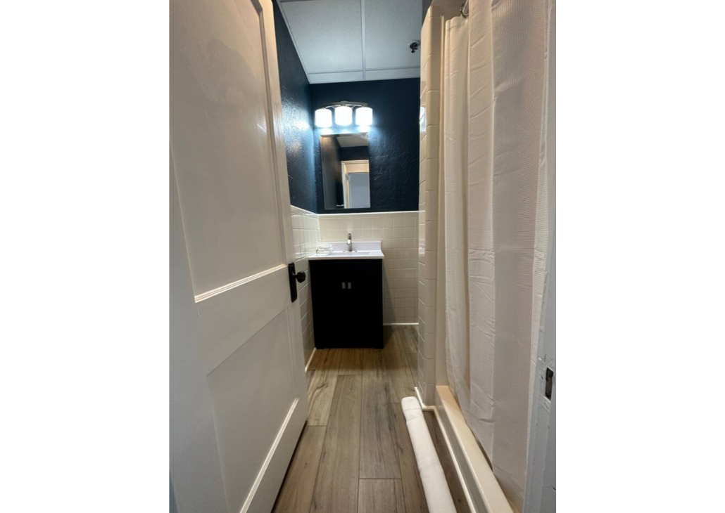 View into the bathroom with the shower.