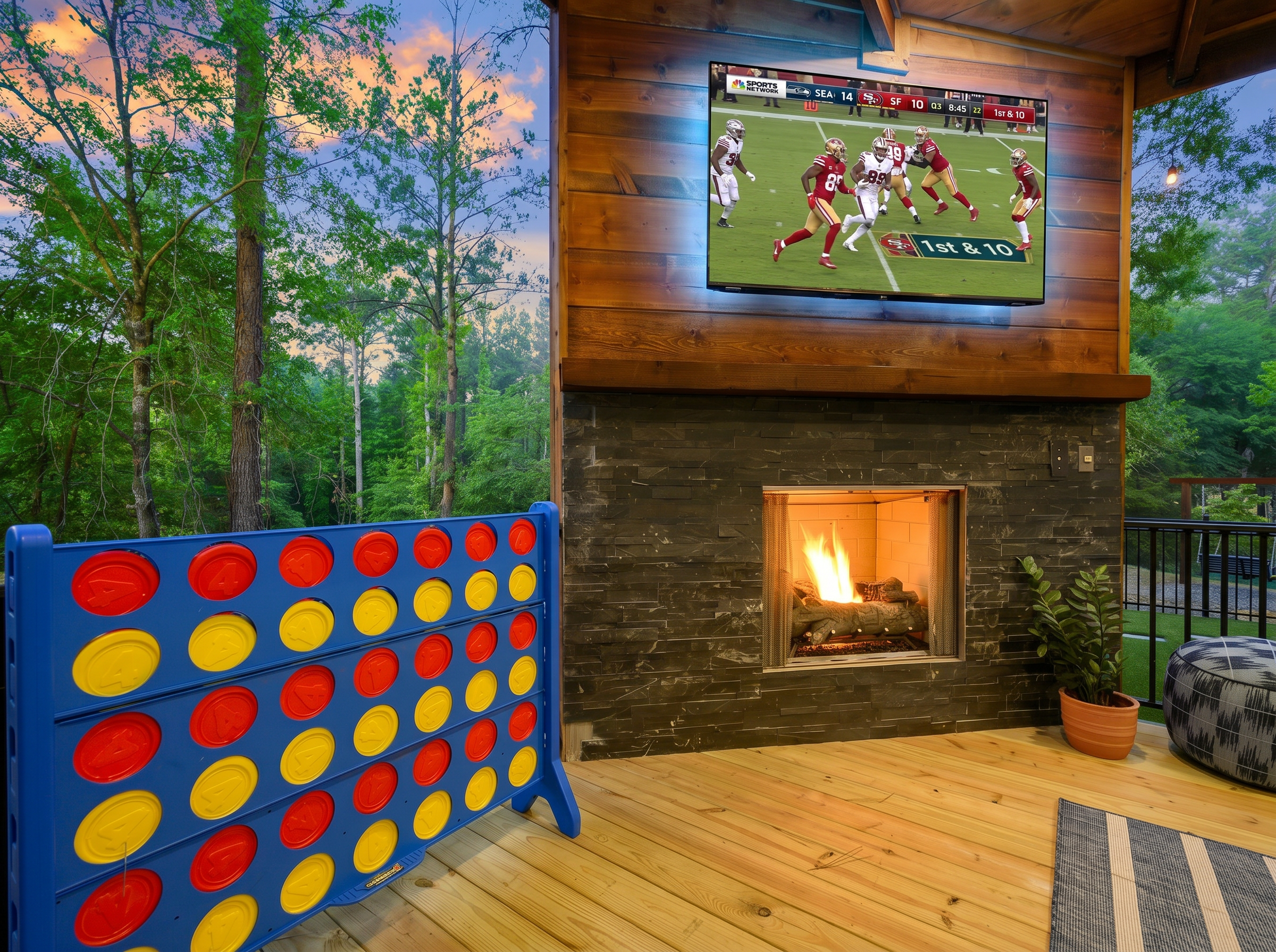 The covered deck is made for staying awhile. Catch the game by the fireplace while the kids play nearby, challenge someone to Connect 4 & enjoy the pines without leaving the action.