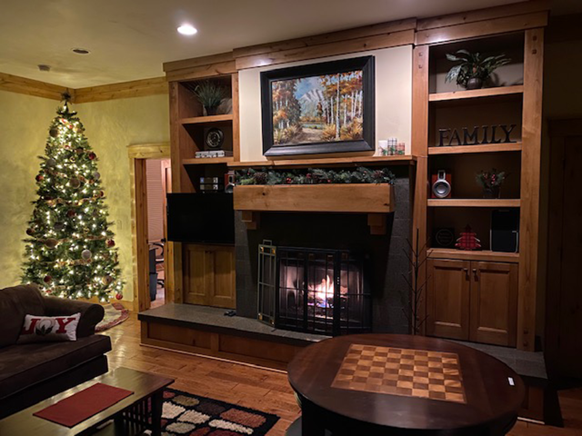 Christmas tree and decor are set up for the holiday season