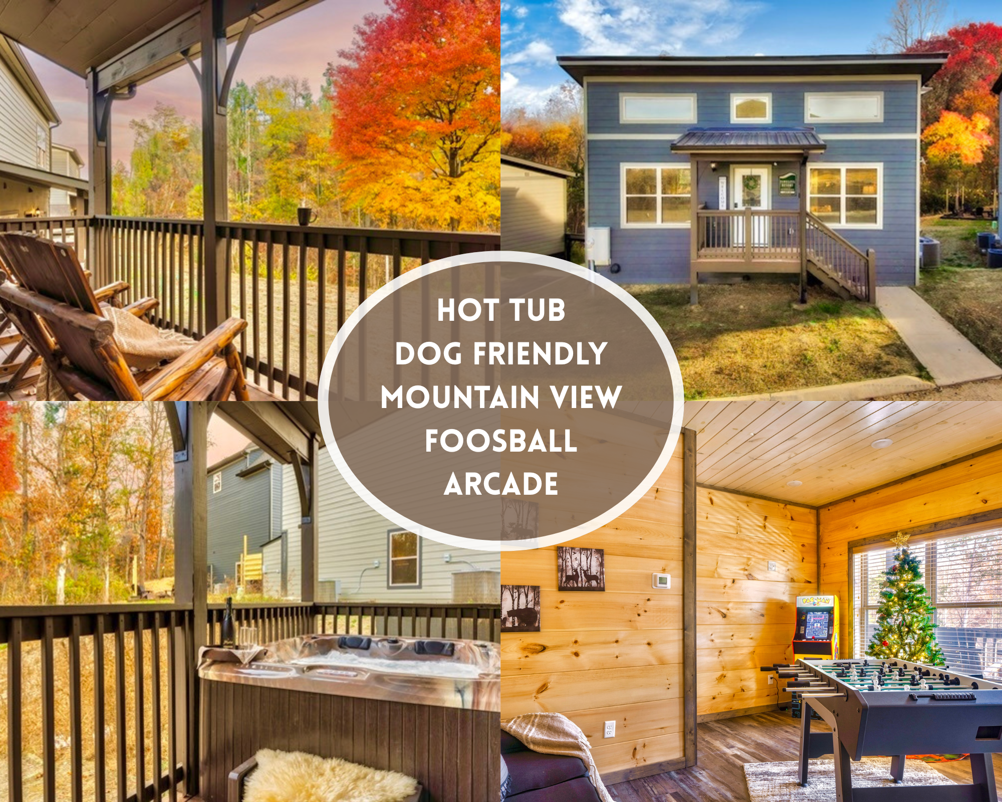 Relax in this dog-friendly mountain cabin featuring a hot tub, stunning mountain views, foosball, and a fun arcade room. Perfect for a peaceful getaway with all the comforts of home!