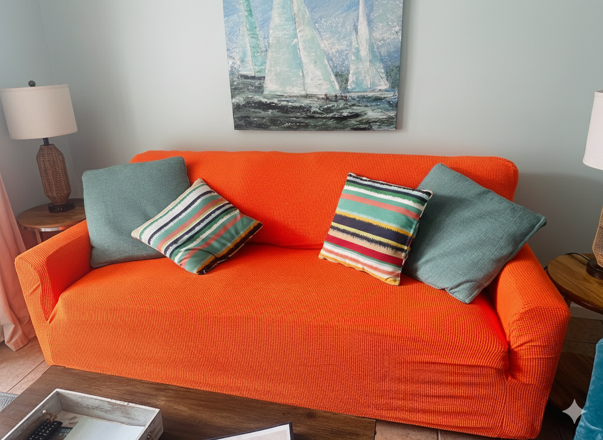 A Fresh Update: We’ve recently added this textured orange cover to our living room sofa. While we wait for our new professional photos, we wanted you to see exactly how the space looks today—bright, clean, and ready for your stay.