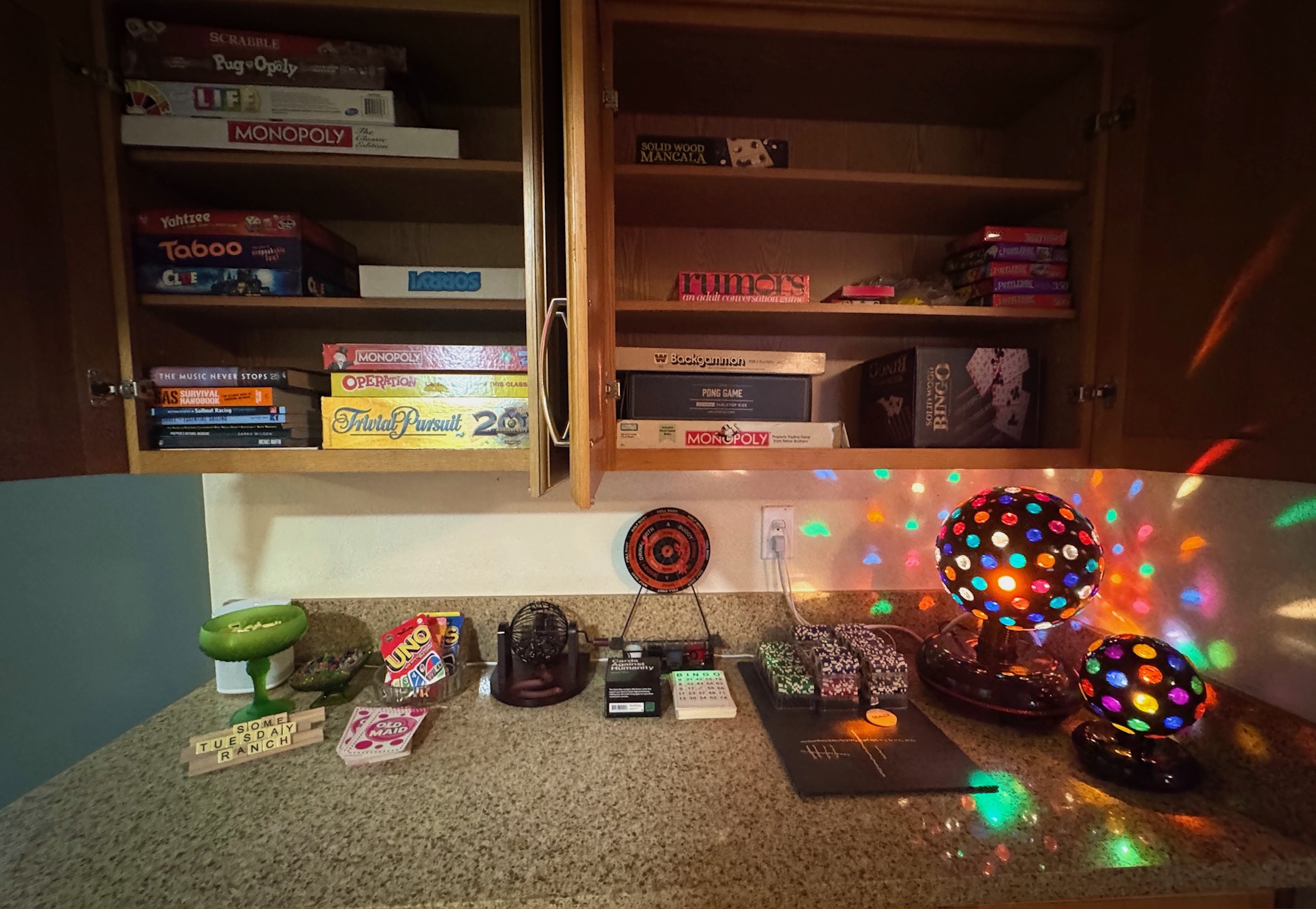 Game cabinet with guidebooks and lots of fun for everyone