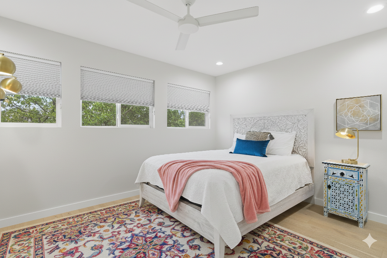 bedroom 1 with ensuite bathroom and queen bed, dresser, black out curtain