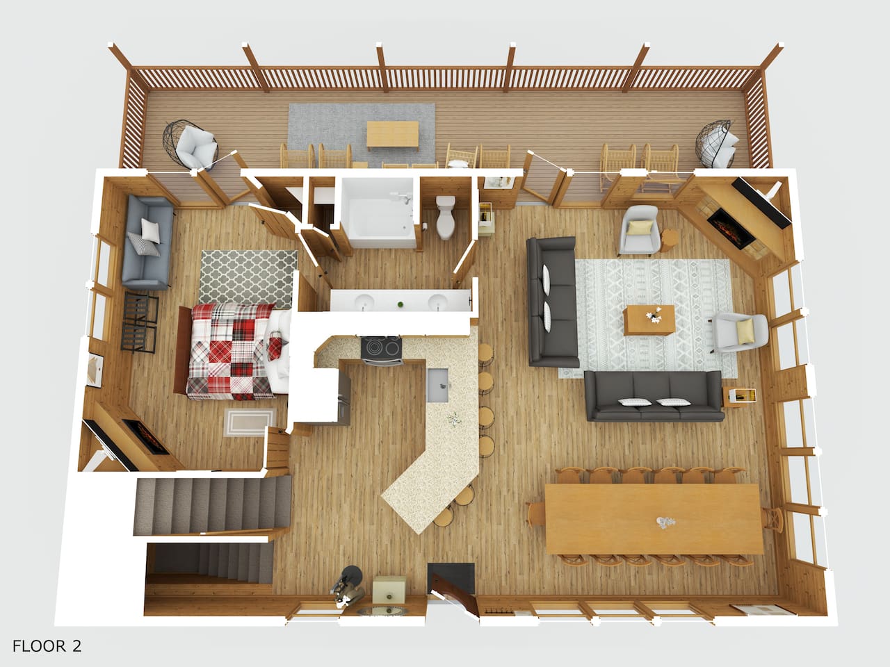 Main Floor Layout- kitchen, dining area, living room, king bedroom and full bathroom, plus porch with swinging egg chairs
