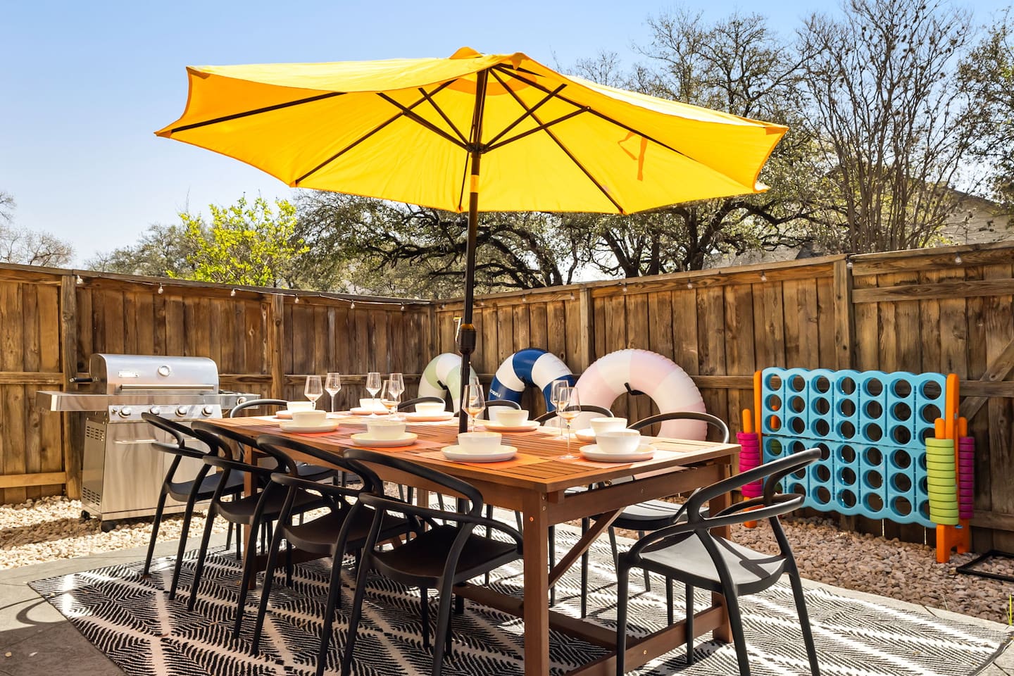 Alfresco dining meets fun & games—gather ‘round for a BBQ feast, then challenge your crew to giant Connect 4! ️