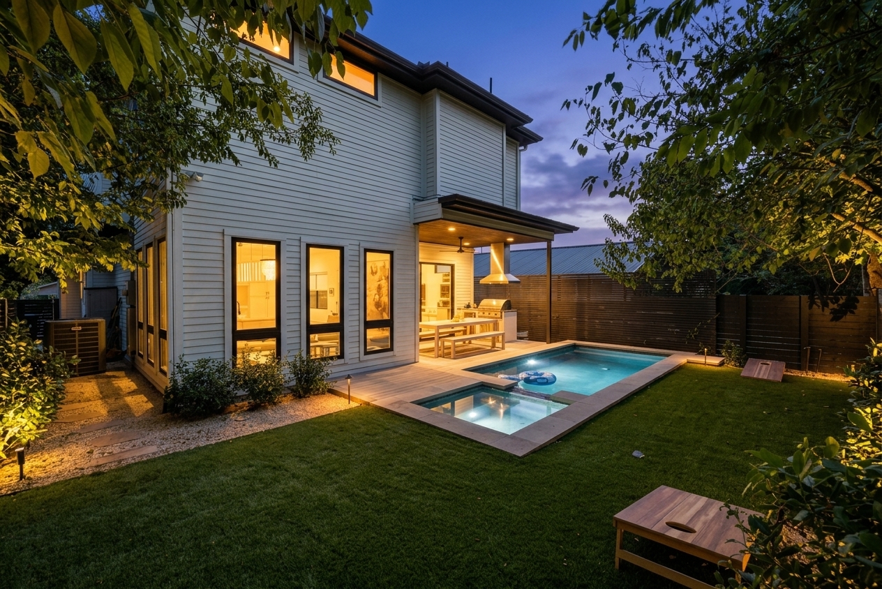 The backyard transforms at twilight — pool, turf, and warm interior light.