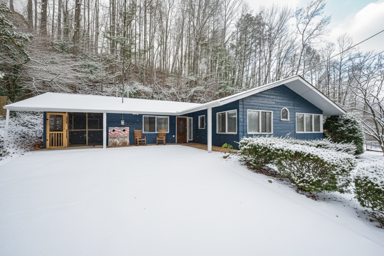 Charming winter cabin nestled in the mountains, showcasing a fresh blanket of snow,. Ideal for guests seeking relaxation, nature, and a cozy retreat. Features a welcoming front porch, forest backdrop, and quiet surroundings perfect for a seasonal escape.