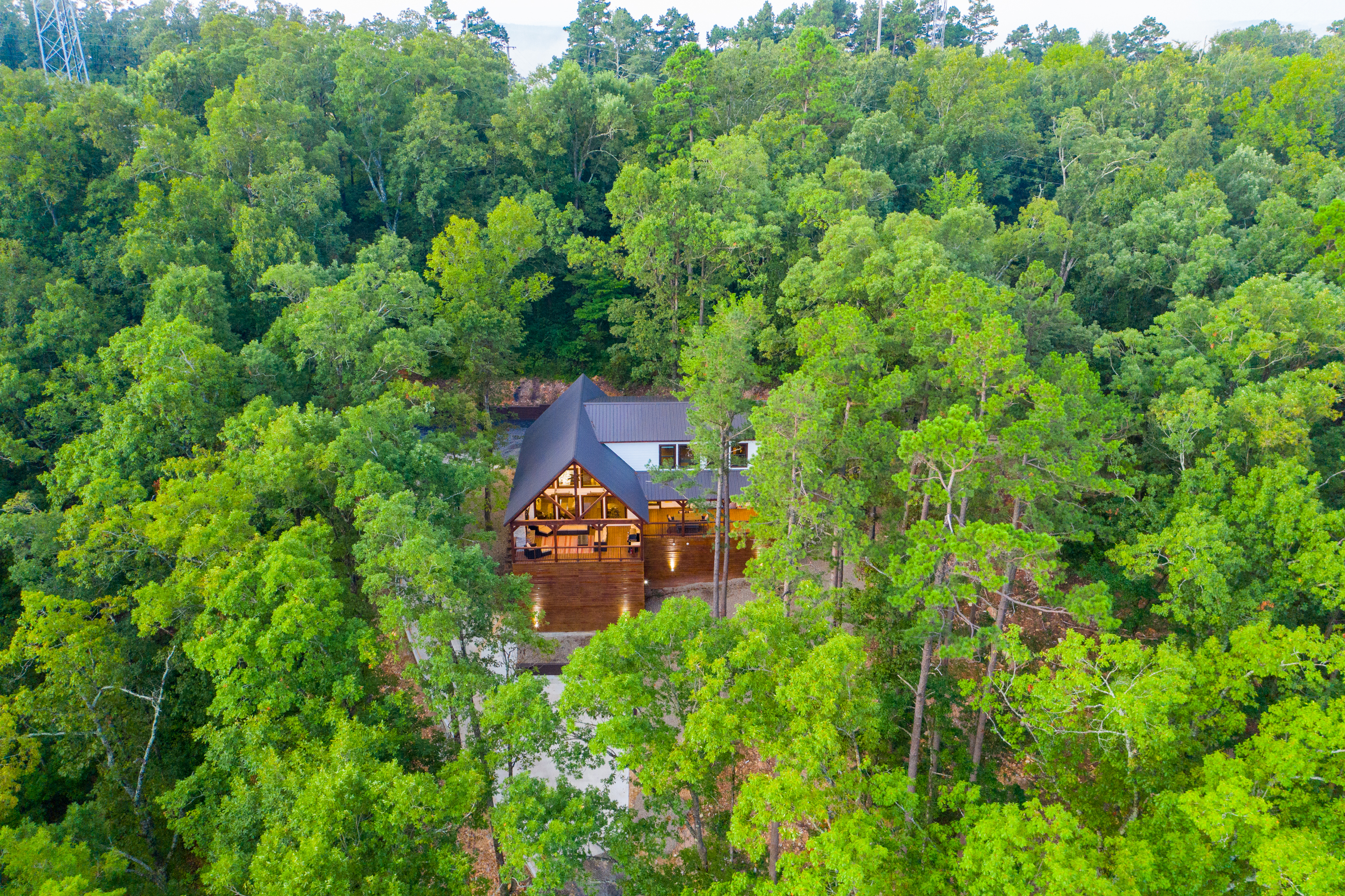 Aerial forest view highlighting the cabin’s secluded and tranquil location