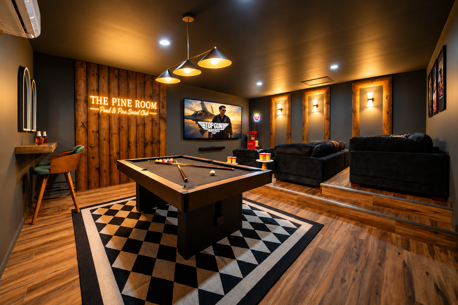 Movie night or game night? The Pine Room has you covered with theater seating, a big-screen TV, and pool table