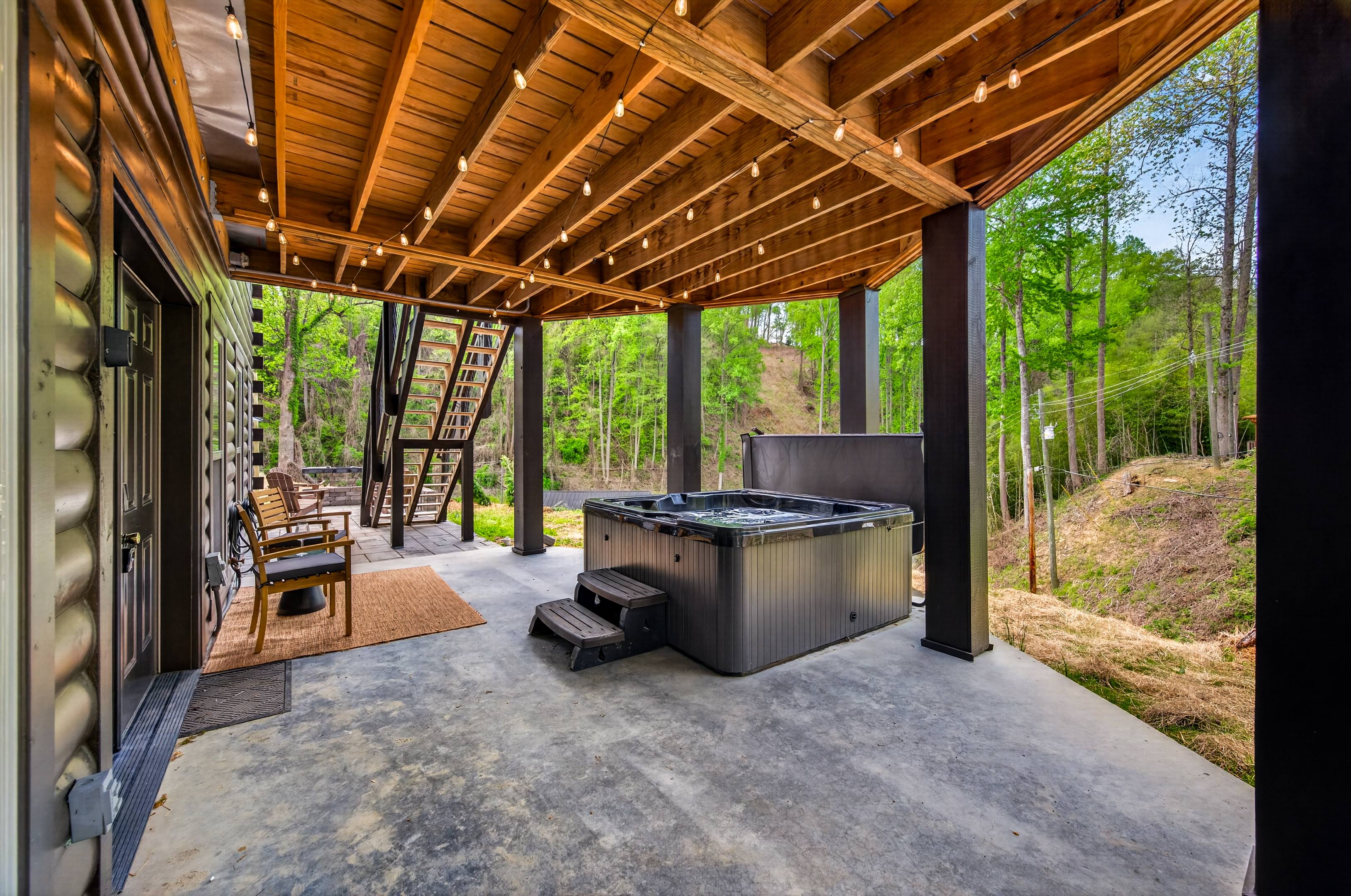 Hot tub off main downstairs entrance. Drained, cleaned, sanitized and refilled after each guest stay.