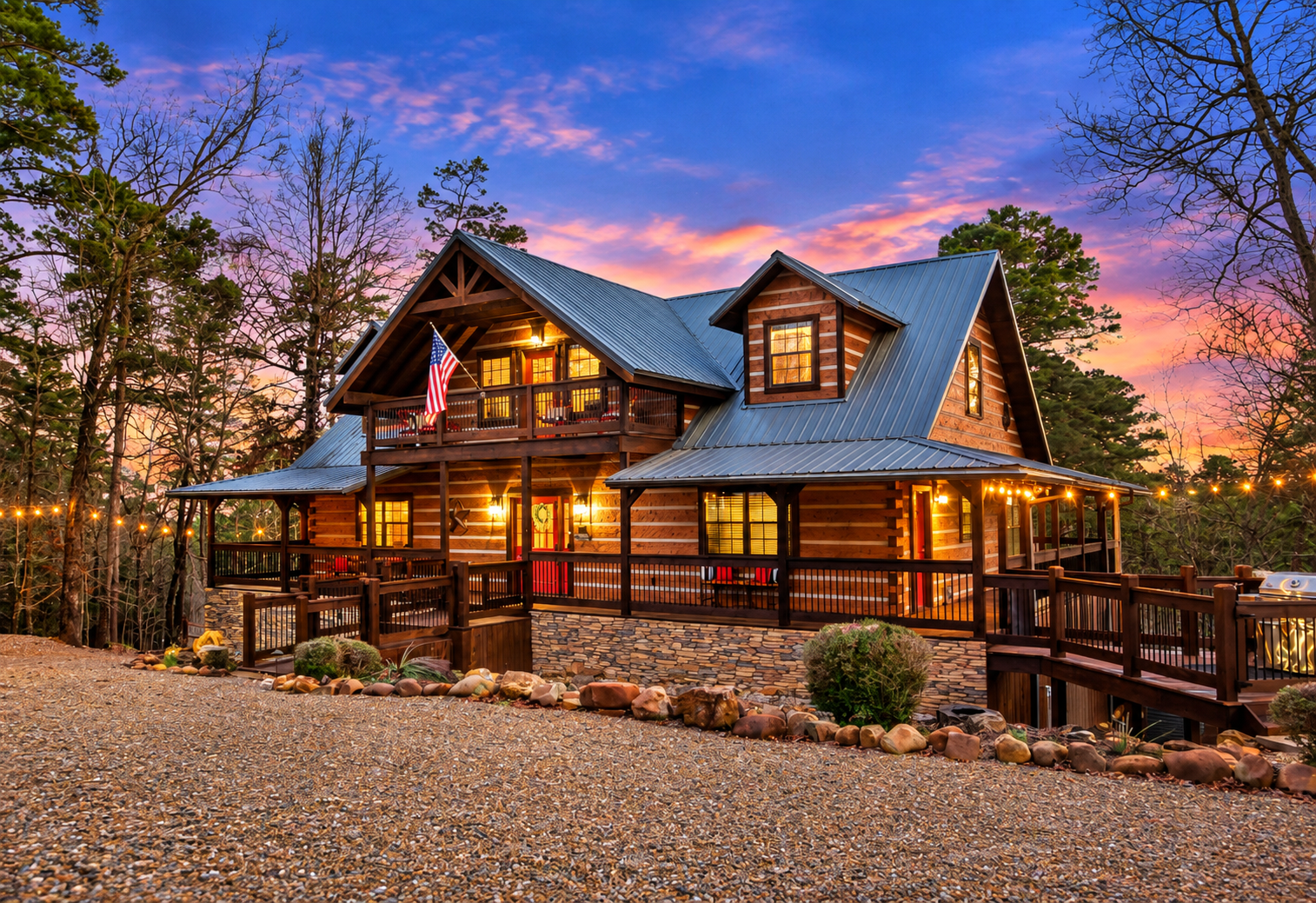 Your next cabin getaway begins beneath these sunset skies.