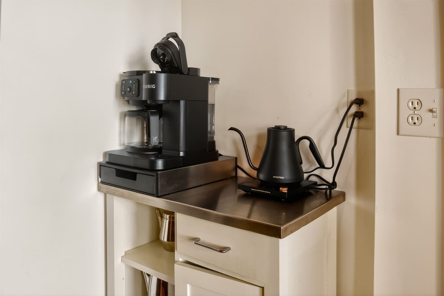 coffee station with drip coffee maker, Keurig (K-cup), and tea setup—complete