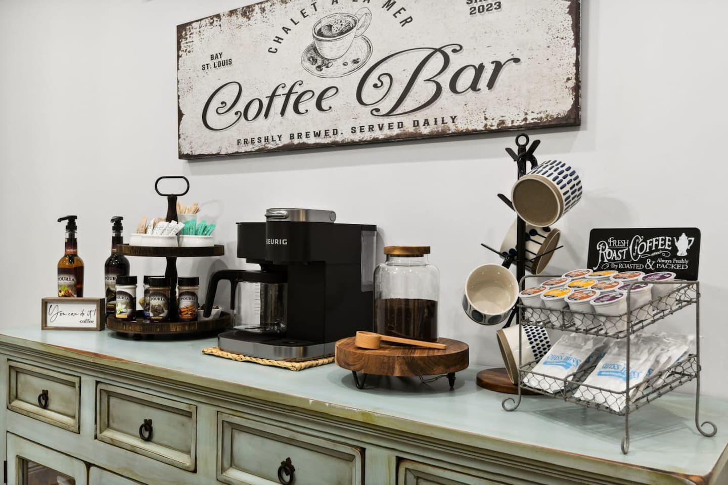 One of many fully stocked coffee bars for the ones that need a little caffeine in the morning before they're fun to be around! 