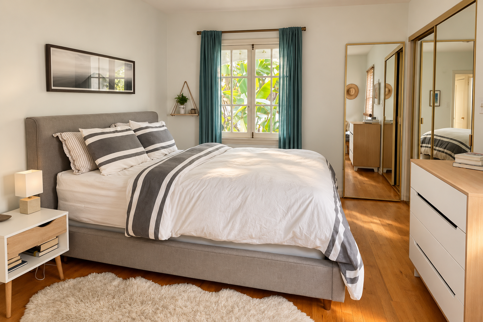 Bedroom with upholstered bed and mirrored closet.