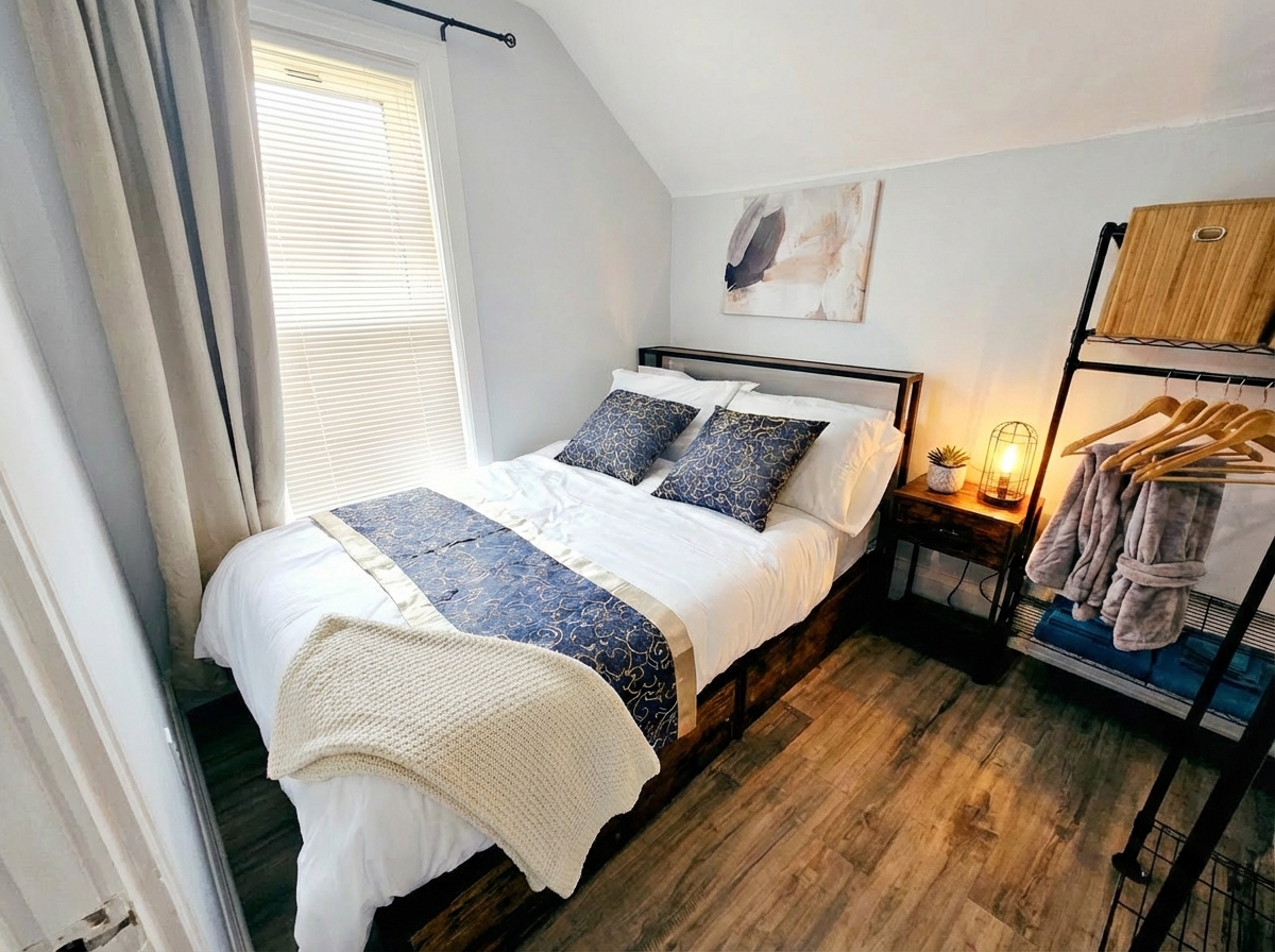 Cozy bedroom - headboard, power and USB connections.