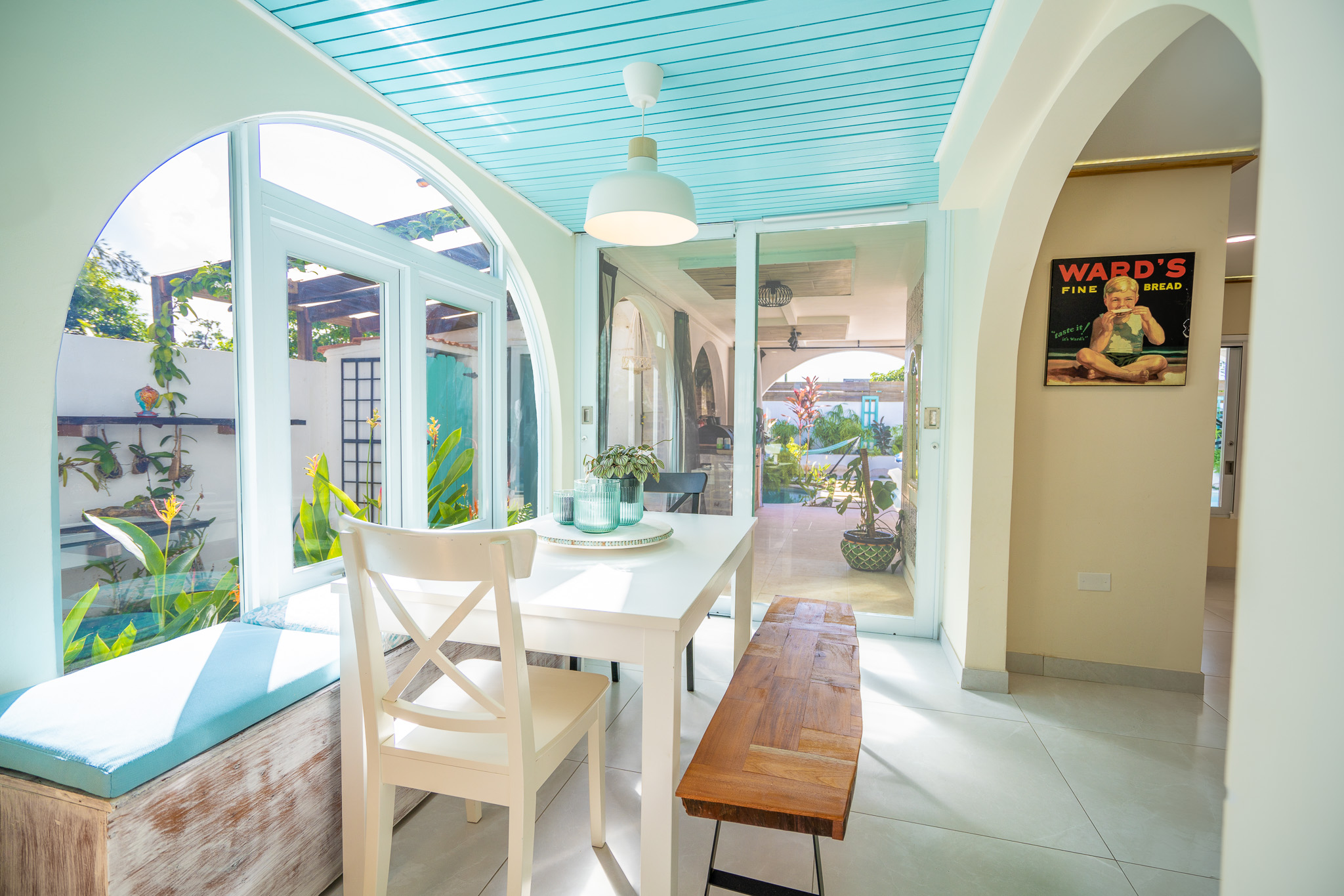 This is a view lookng across the breakfast nook which is a great place to see humingbirds enjoy the nector from our birds of paradise right outside the window in Dorado, Puerto Rico.