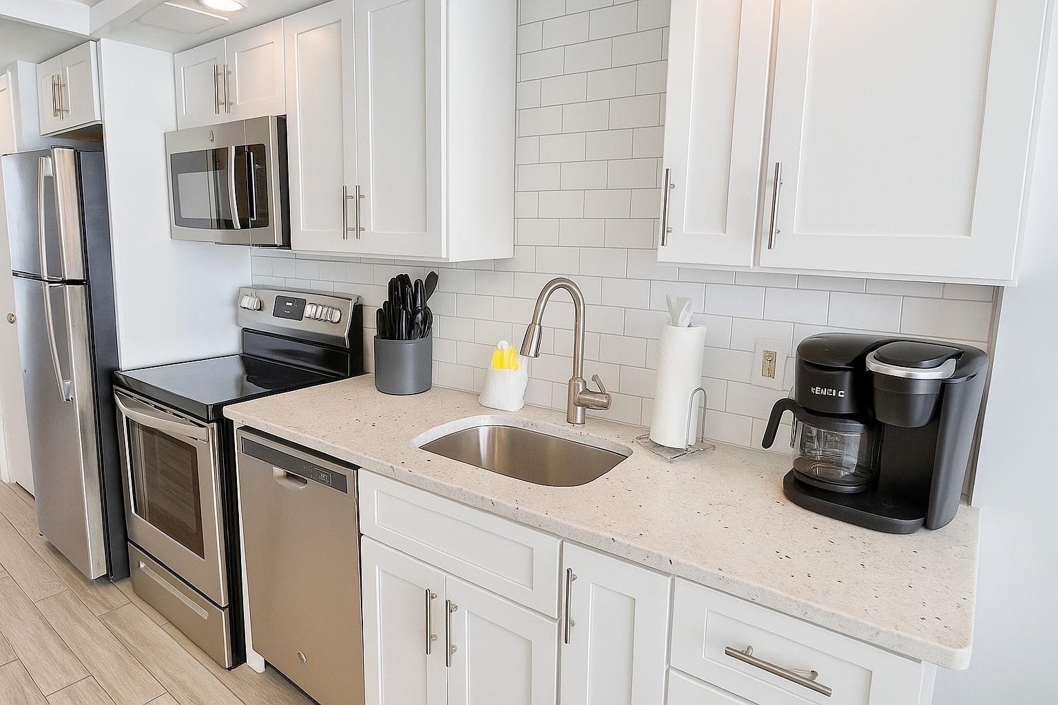 Modern fully stocked kitchen for preparing meals for a romantic evening.  