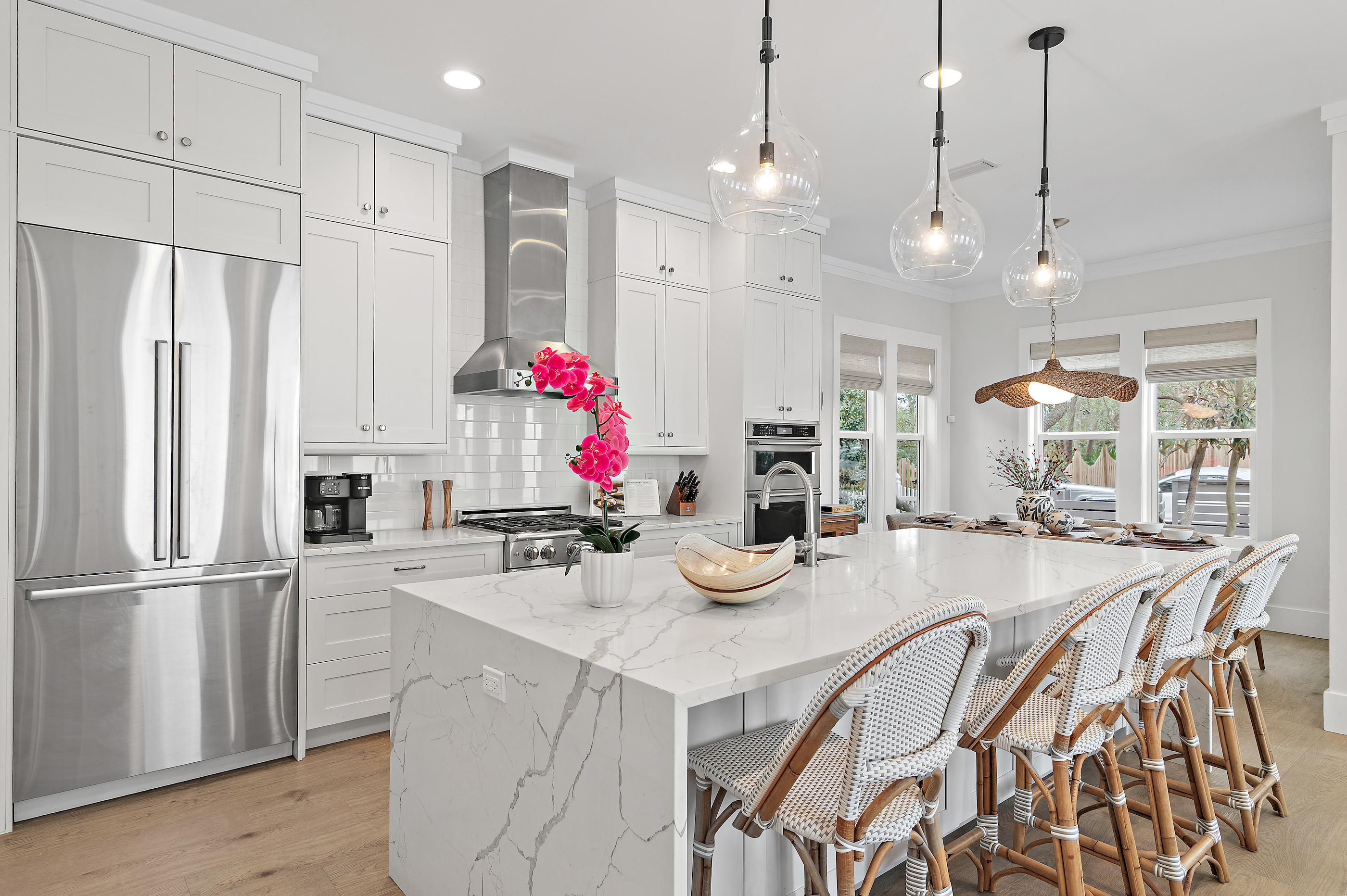 The well appointed kitchen offers a gas range, microwave and oven, full size fridge/freezer, large pantry, and a Keurig and Nespresso machine.