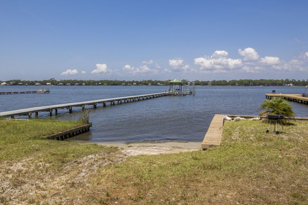 Angled view of the pier stretching out over the lagoon