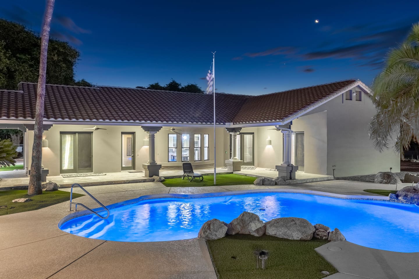 Enjoy breathtaking views of the illuminated pool, perfect for late-night dips and stargazing.



