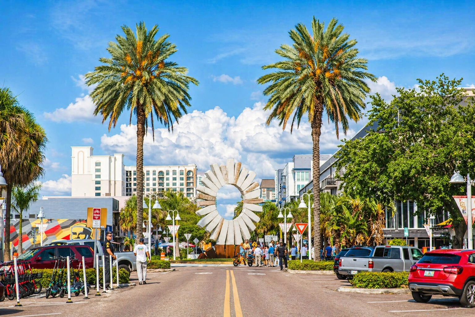 Iconic Central Ave, just a 2–3 minute drive away—lined with palm trees, local shops, restaurants, and vibrant city energy in the heart of downtown St. Pete.