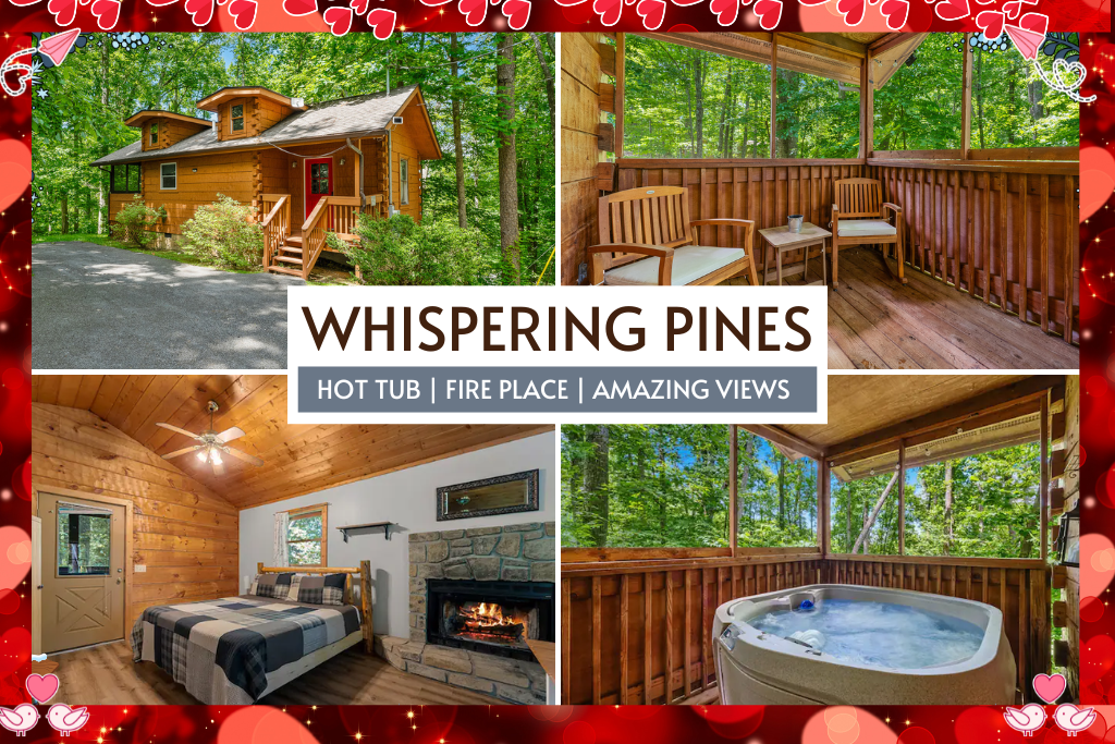 Escape to Whispering Pines, a cozy cabin hideaway with a hot tub, warm fireplace, and stunning views—perfect for a quiet, romantic stay.