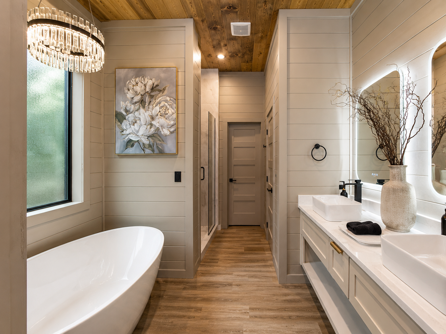 Luxurious Bath Oasis: Indulge in elegance with a soaking tub and modern decor!