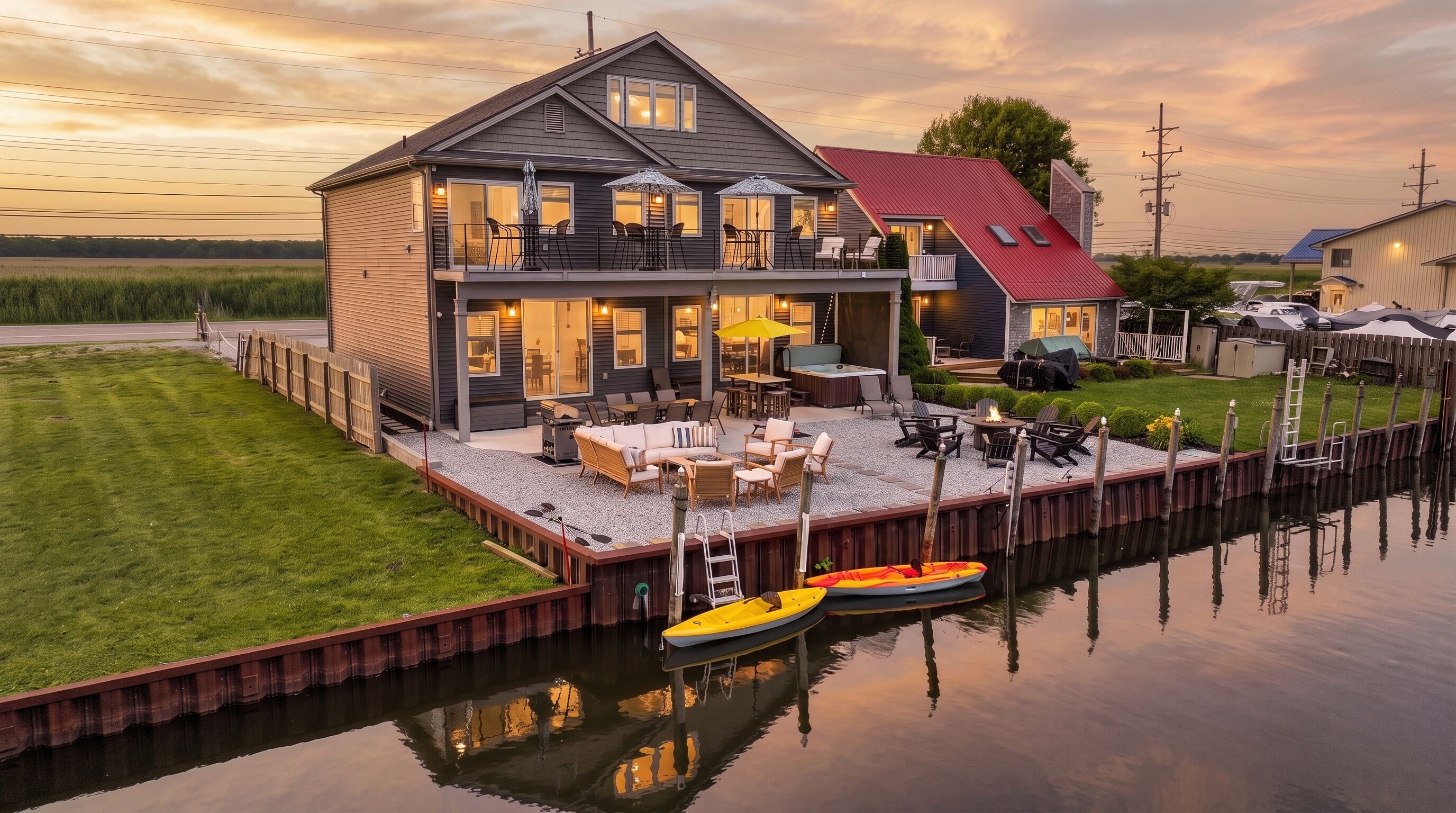 Your private waterfront retreat awaits—complete with a private dock, hot tub, kayaks, fire table, and unforgettable Lake St. Clair sunsets.