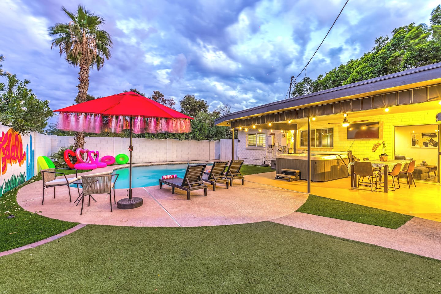 Soak under twinkling patio lights as the day winds down — the perfect blend of comfort and style.

