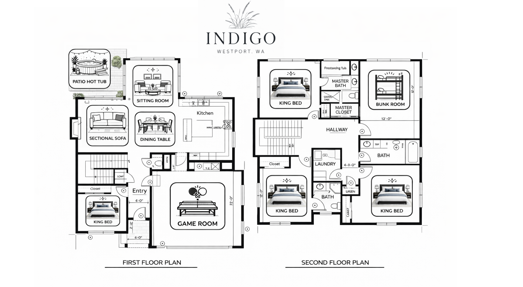 {Floor Plan} Indigo offers spacious gathering areas, private bedrooms with king beds, a fun game room, and a cozy bunk room for kids. Two levels give everyone room to spread out—plus a patio space + hot tub to end the day right!