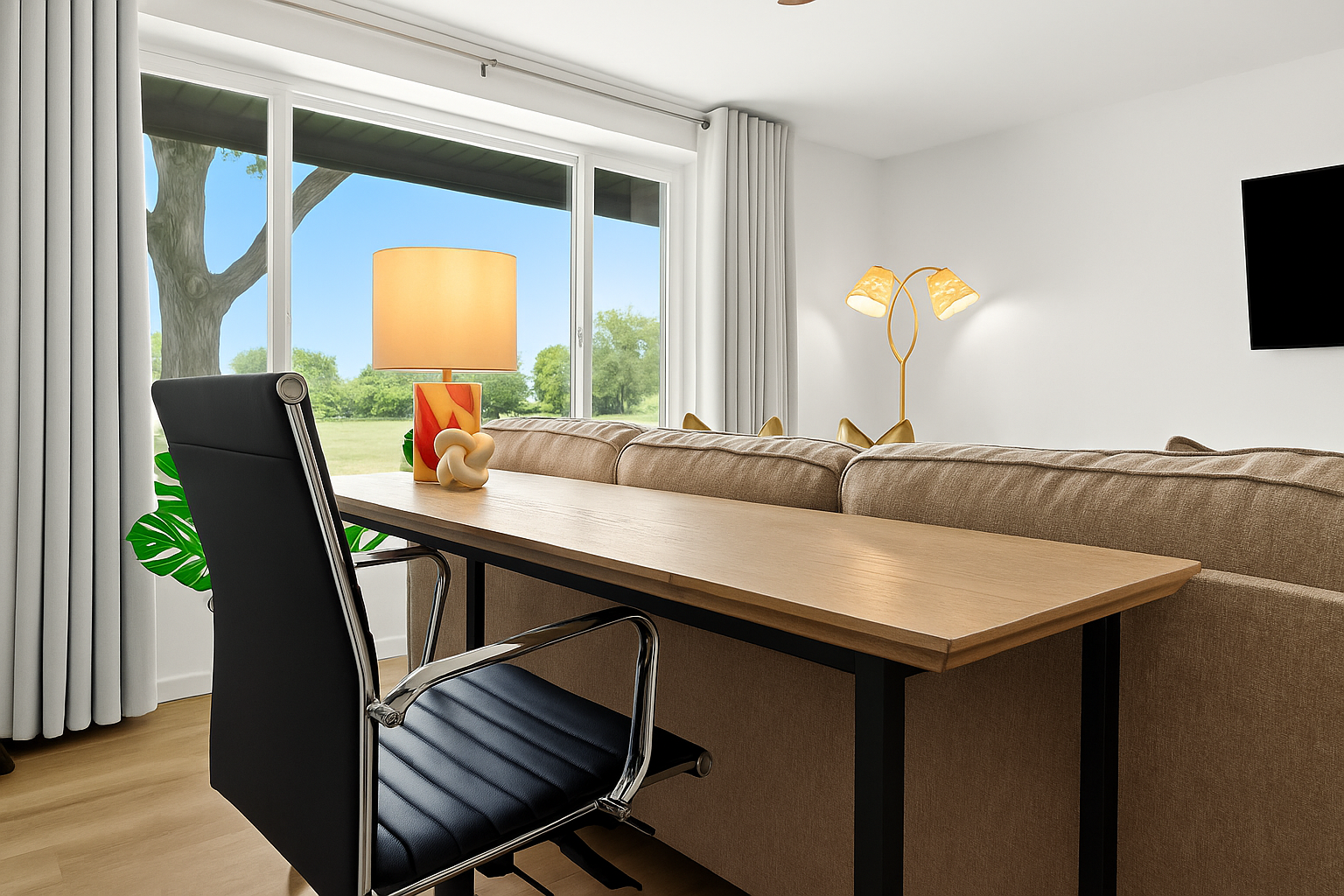 Work meets comfort with this spacious desk setup, complemented by a bright window view and artistic lighting.